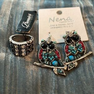 NWT Premier Designs Jewelry Ring and Owl Nena Fiashion Jewelry Earrings